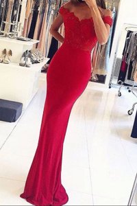 Amazing Mermaid Off the Shoulder Sleeveless Floor Length Beading and Appliques Zipper Prom Evening Gown with Red