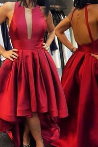 Deluxe Red A-line Scoop Sleeveless Satin Asymmetrical Zipper Pleated Prom Dresses
