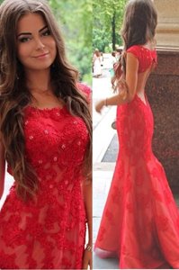 Mermaid Lace Scoop Cap Sleeves Sweep Train Backless Lace and Appliques Prom Gown in Red