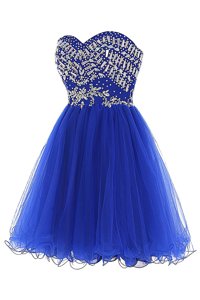 Hot Sale Tulle Sweetheart Sleeveless Zipper Beading Prom Evening Gown in Royal Blue