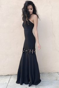 Designer Mermaid Sleeveless Elastic Woven Satin Floor Length Zipper Prom Dresses in Black for with Ruching