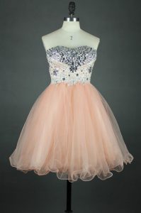 Simple Sleeveless Tulle Knee Length Zipper in Peach for with Sashes|ribbons