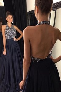 Halter Top With Train Backless Prom Gown Black and In for Prom with Beading Sweep Train
