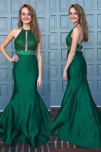 Halter Top Green Mermaid Beading and Lace Dress for Prom Backless Satin Sleeveless With Train