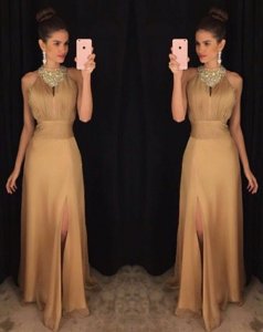 Customized Gold A-line Scoop Sleeveless Satin Floor Length Zipper Beading Dress for Prom