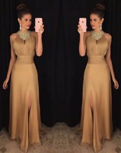 Customized Gold A-line Scoop Sleeveless Satin Floor Length Zipper Beading Dress for Prom