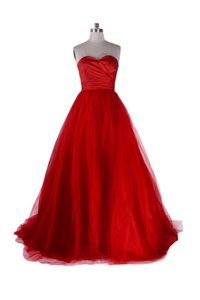 Sleeveless With Train Ruching Zipper Dress for Prom with Red Sweep Train