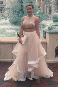 Low Price Champagne A-line Tulle Scoop Sleeveless Sequins Floor Length Zipper Prom Party Dress