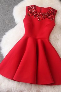 Red Satin Zipper Scoop Sleeveless Knee Length Evening Dress Beading