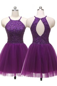 Purple A-line Scoop Sleeveless Tulle Mini Length Zipper Sequins Prom Party Dress
