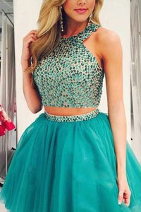 Artistic Scoop Knee Length Zipper Dress for Prom Turquoise and In for Prom and Party with Beading