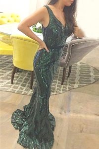 Mermaid V-neck Sleeveless Sweep Train Zipper Dress for Prom Dark Green Sequined