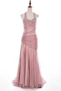 Halter Top Organza and Taffeta Sleeveless With Train Prom Dress Brush Train and Beading