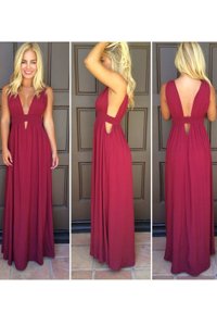 Chic Floor Length Burgundy Evening Dress V-neck Sleeveless Side Zipper