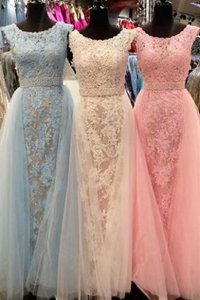 Flare Scoop With Train Light Blue Prom Dress Tulle Sweep Train Sleeveless Beading and Lace