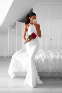 Gorgeous Mermaid Chiffon Halter Top Sleeveless Sweep Train Backless Ruching Evening Dress in White