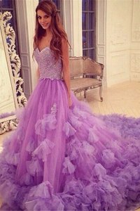 Stunning Sweetheart Sleeveless Tulle Prom Dresses Beading and Hand Made Flower Court Train Backless