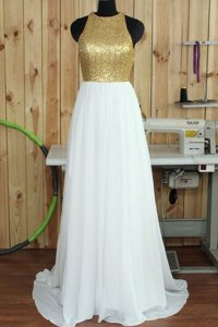 Pretty Scoop White Prom Dresses Chiffon Sweep Train Sleeveless Sequins
