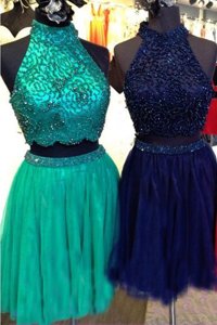 Wonderful Turquoise Tulle Zipper High-neck Sleeveless Knee Length Prom Dresses Beading