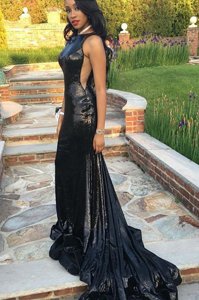 Elegant Black Mermaid Bateau Sleeveless Taffeta Sweep Train Zipper Ruching Prom Evening Gown