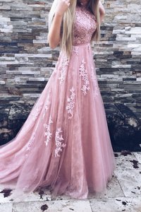 Scoop Sleeveless Appliques and Sashes|ribbons Zipper Prom Evening Gown with Pink Sweep Train