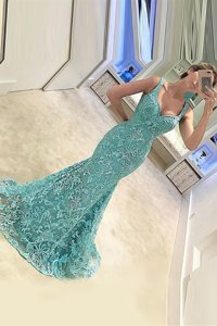 On Sale Mermaid Tulle Straps Sleeveless Sweep Train Zipper Appliques Prom Gown in Turquoise