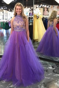 Shining Scoop Sleeveless Prom Dresses Floor Length Beading Lavender Tulle