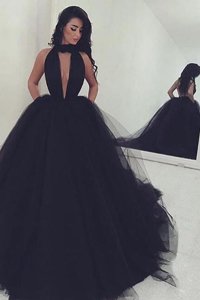 High-neck Sleeveless Tulle Prom Dresses Ruching Sweep Train Backless