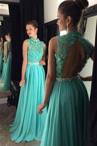 Custom Design Turquoise Prom Evening Gown Prom and Party and For with Beading and Lace Scoop Sleeveless Backless