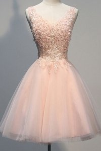 Sweet Tulle V-neck Sleeveless Zipper Appliques Prom Dress in Peach