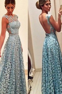 Floor Length Turquoise Prom Dresses Lace Sleeveless Lace