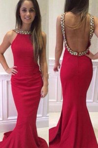 Mermaid Scoop Hot Pink Elastic Woven Satin Backless Homecoming Dress Sleeveless With Brush Train Beading