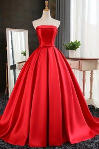 Best Selling Red Strapless Neckline Pleated Sleeveless Lace Up