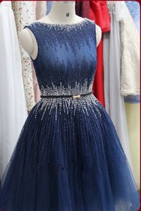 Scoop Sleeveless Knee Length Beading Zipper Prom Party Dress with Navy Blue