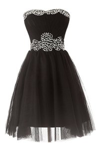 Beautiful Knee Length Black Prom Gown Organza Sleeveless Beading