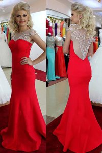 Edgy Mermaid Scoop Red Taffeta Side Zipper Prom Evening Gown Sleeveless Floor Length Beading