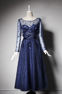 Scoop Beading and Hand Made Flower Prom Party Dress Navy Blue Zipper Long Sleeves Tea Length