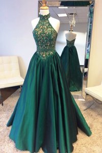 Comfortable Halter Top Teal Taffeta Zipper Dress for Prom Sleeveless Sweep Train Beading and Lace