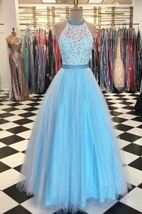 Free and Easy Halter Top Sleeveless Floor Length Beading and Appliques Zipper Dress for Prom with Blue
