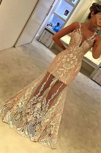 Mermaid Champagne Tulle Zipper Prom Party Dress Sleeveless Floor Length Appliques