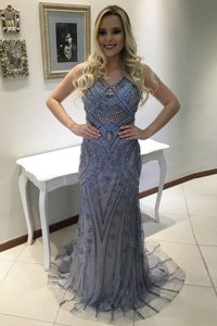 Mermaid Tulle V-neck Sleeveless Sweep Train Backless Beading and Appliques Prom Evening Gown in Blue
