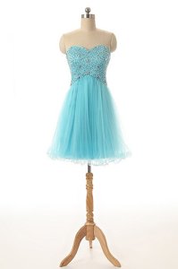 Superior Knee Length Aqua Blue Prom Party Dress Sweetheart Sleeveless Lace Up