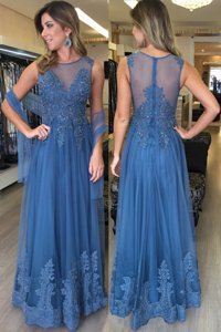 Scoop Floor Length Zipper Evening Dress Blue and In for Prom with Beading and Appliques