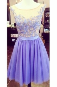 Affordable Scoop Sleeveless Tulle and Lace Mini Length Zipper Prom Evening Gown in Lavender for with Appliques