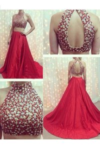 Classical Red Backless Prom Dress Beading Sleeveless With Train Court Train