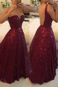 Hot Sale Lace Floor Length A-line Sleeveless Burgundy Dress for Prom Backless