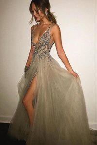 Backless Champagne and In for Prom and Party with Beading Sweep Train