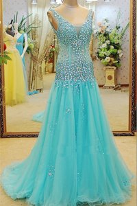 Beading Prom Party Dress Aqua Blue Zipper Sleeveless Brush Train