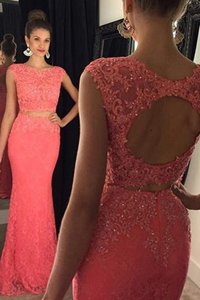Mermaid Watermelon Red Lace Backless Prom Party Dress Sleeveless With Train Sweep Train Beading and Appliques