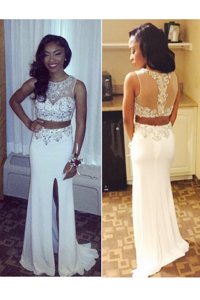 Scoop Sleeveless Chiffon Sweep Train Zipper Prom Evening Gown in White for with Beading and Appliques